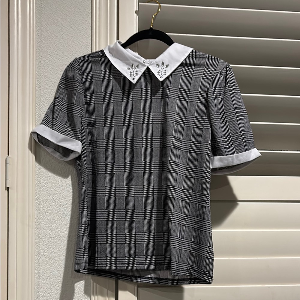 Woman's Black and White Plaid Shirt with Embellished Collar